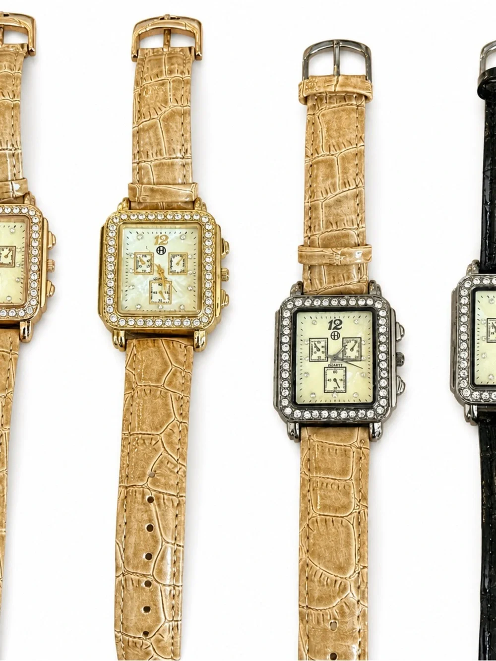 Luxury Square Crystal Chronograph Watch - 3 with Tan Strap, 1 with Black strap.